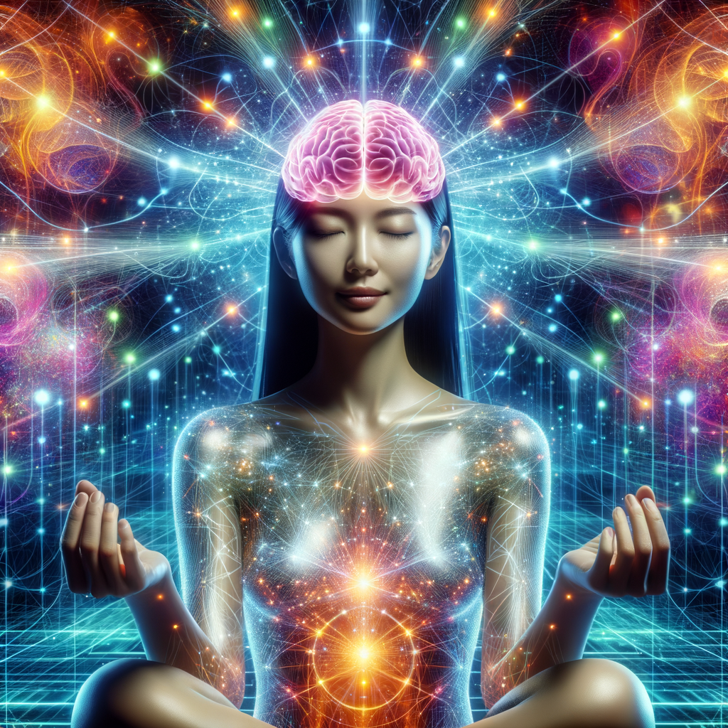 Persona meditando con ondas cerebrales brillando alrededor de su cabeza y fondo futurista abstracto